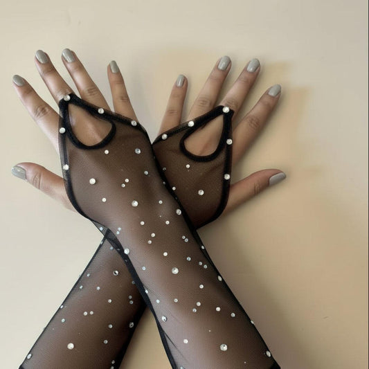 Black Midlength Rhinestone Gloves