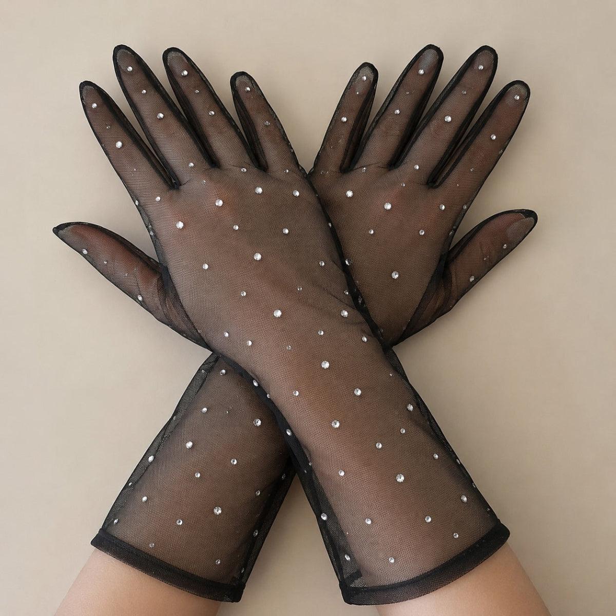 Black Rhinestone Mesh Gloves