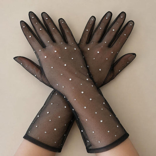 Black Rhinestone Mesh Gloves