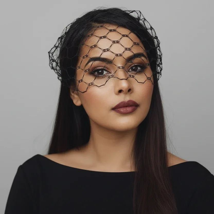 Black Russian Waffle Weave Birdcage Veil