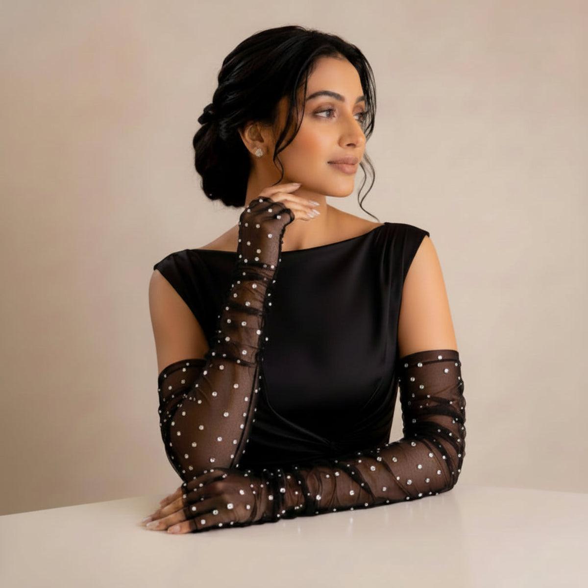 Black Sheer Rhinestone Crystal Opera Gloves