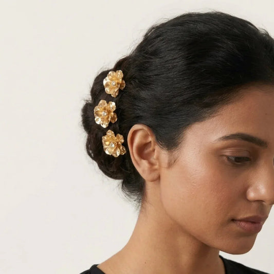 BloomAura Golden Floral Hair Pins Set