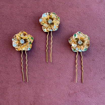 BloomAura Golden Floral Hair Pins Set