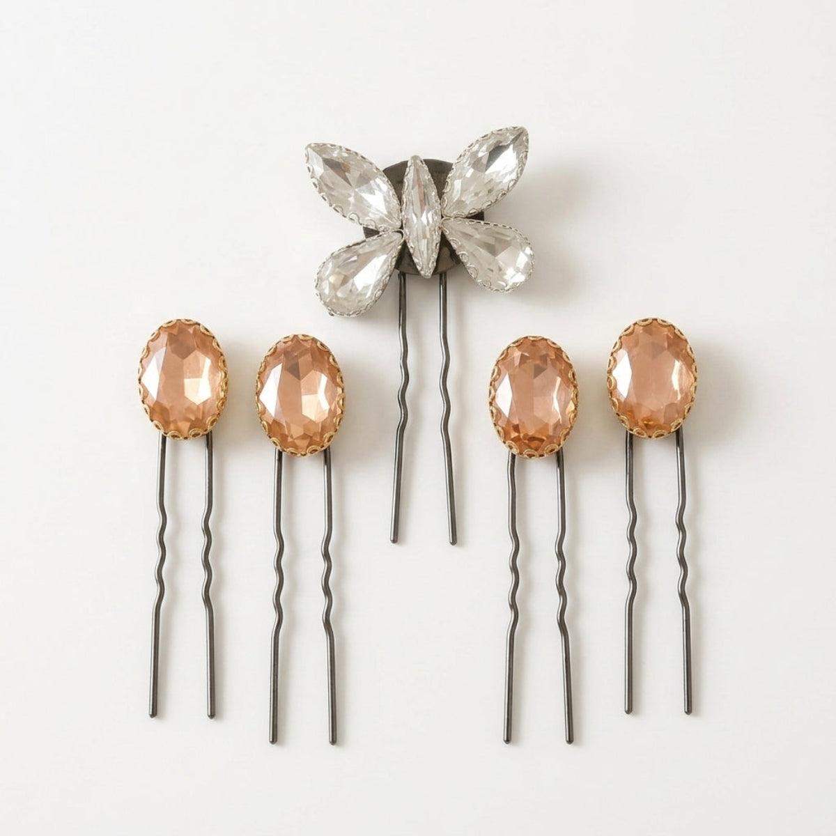 Blush Spark Butterfly & Gem Stone Hair Pin Set