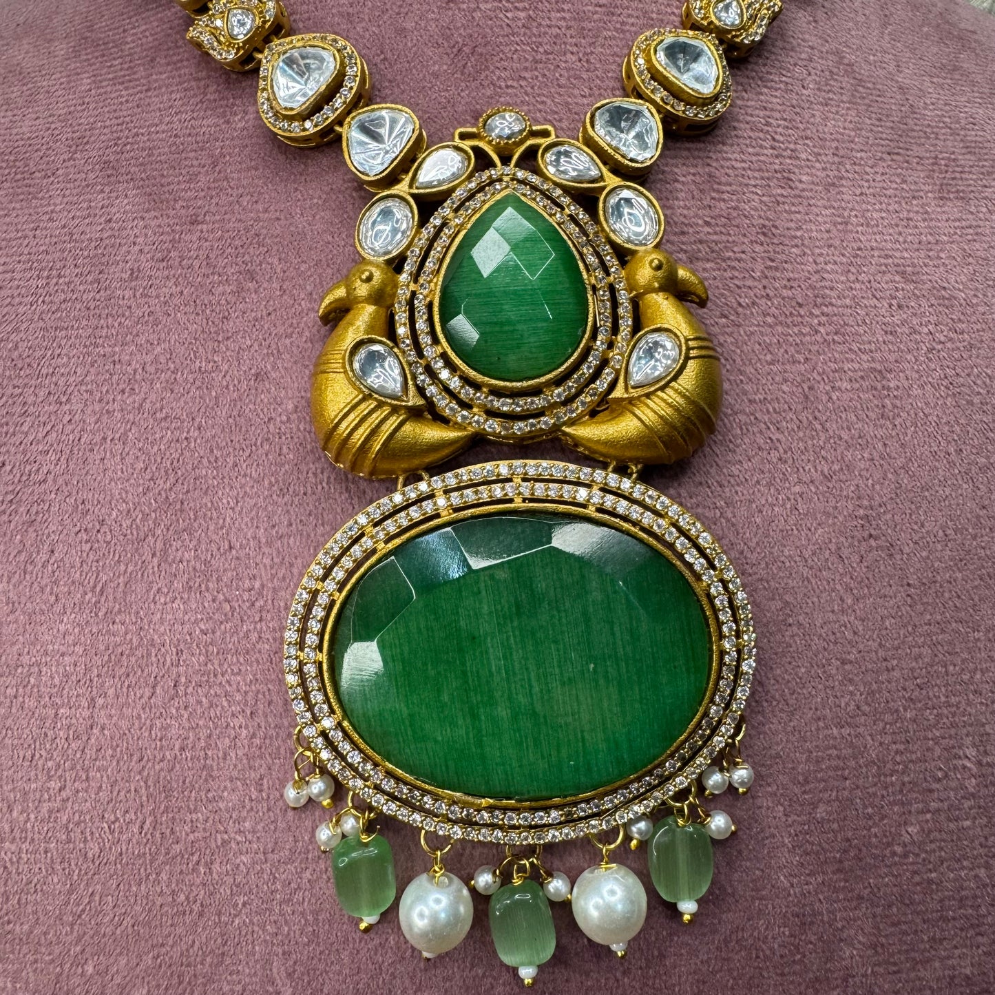 Green Kundan Necklace & Earrings Set with Bird Motif