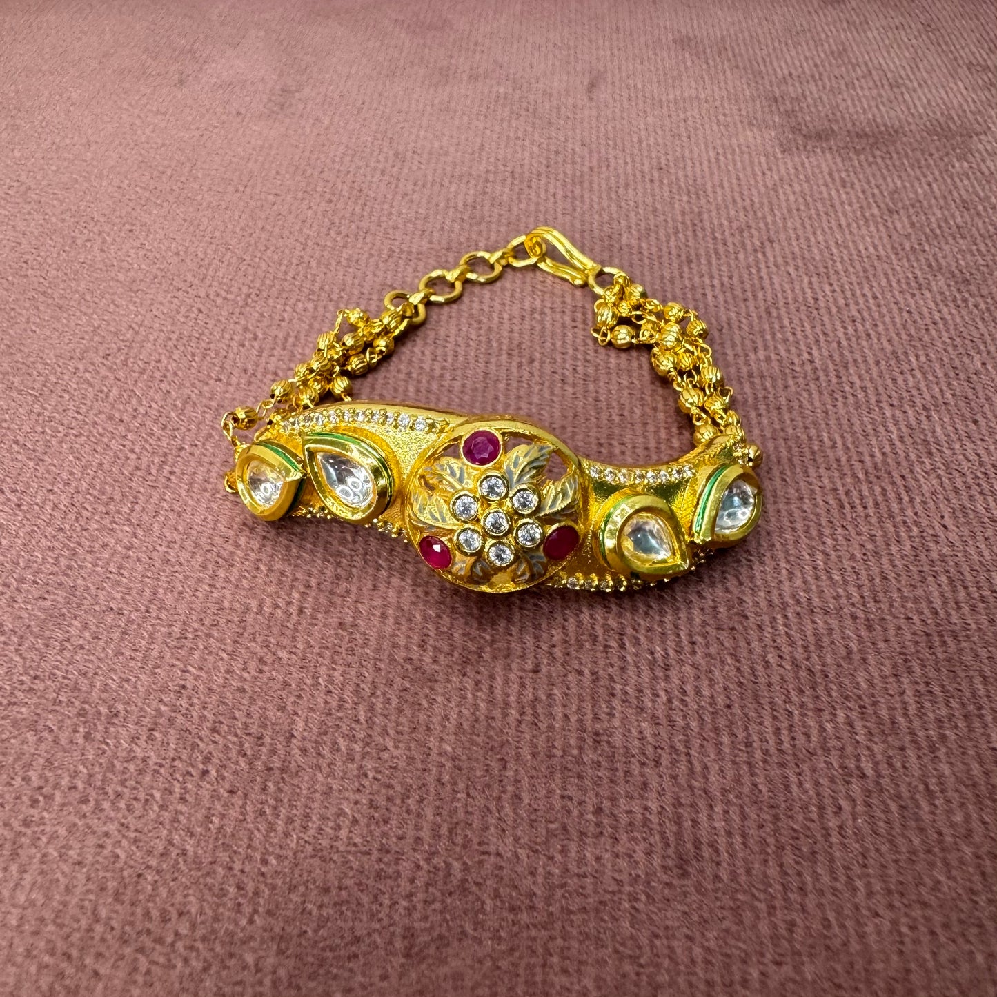 Gold-Plated Kundan Adjustable Bracelet with Ruby & White Stones