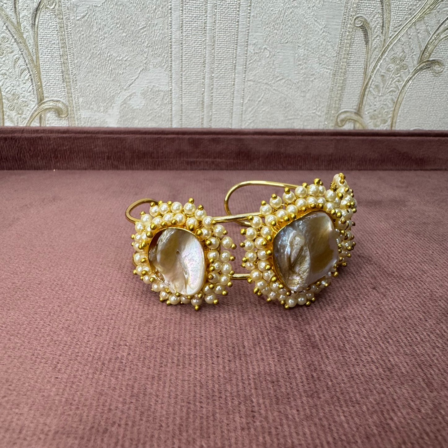 Gold-Plated Kada Bracelet with Pearls & Natural Stone – Luxe Statement Jewelry