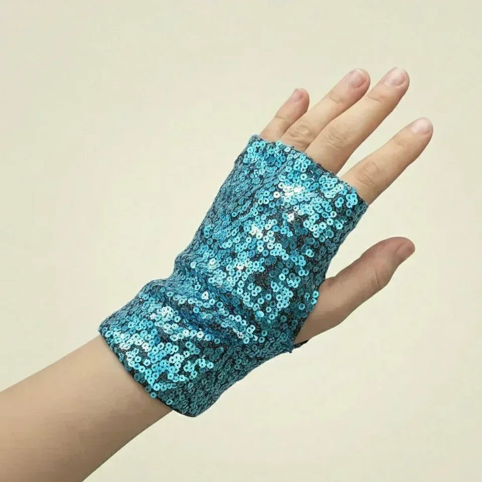 Sky Blue Sequin Fingerless Wrist Gloves