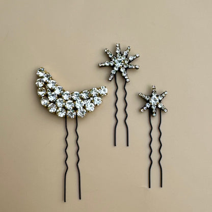 Moon & Star Rhinestone Bun Pin Set – Stardust Dreams Hair Jewelry