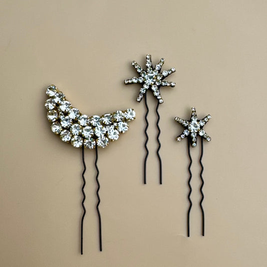Moon & Star Rhinestone Bun Pin Set – Stardust Dreams Hair Jewelry