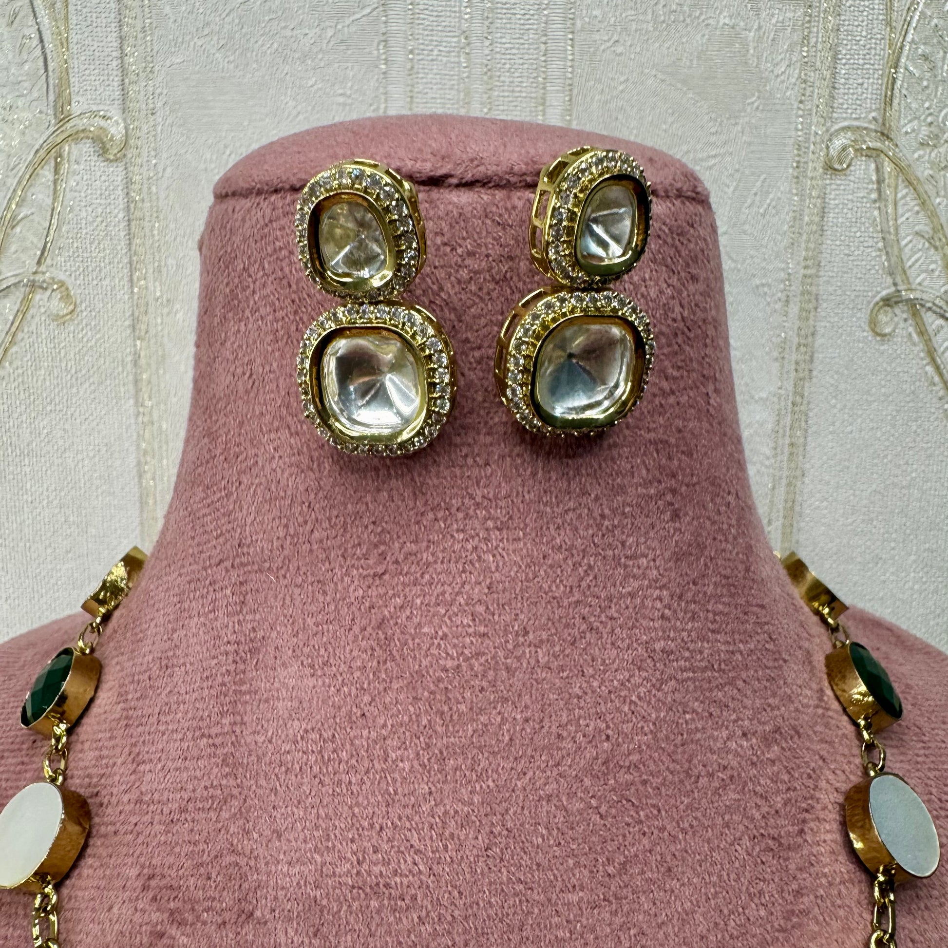 Emerald Green Stone & Kundan Necklace & Earrings Set