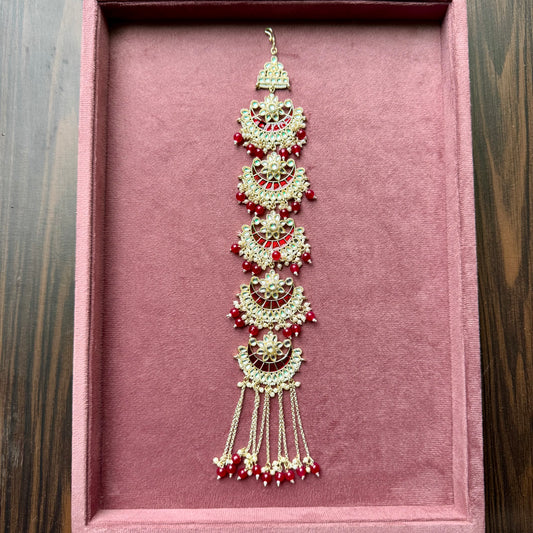 Red Beaded Layered Kundan Hair Chain – Wedding Ethnic Accessory