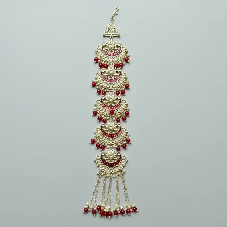 Red & White Kundan Pearls Bridal Choti Hair Chain