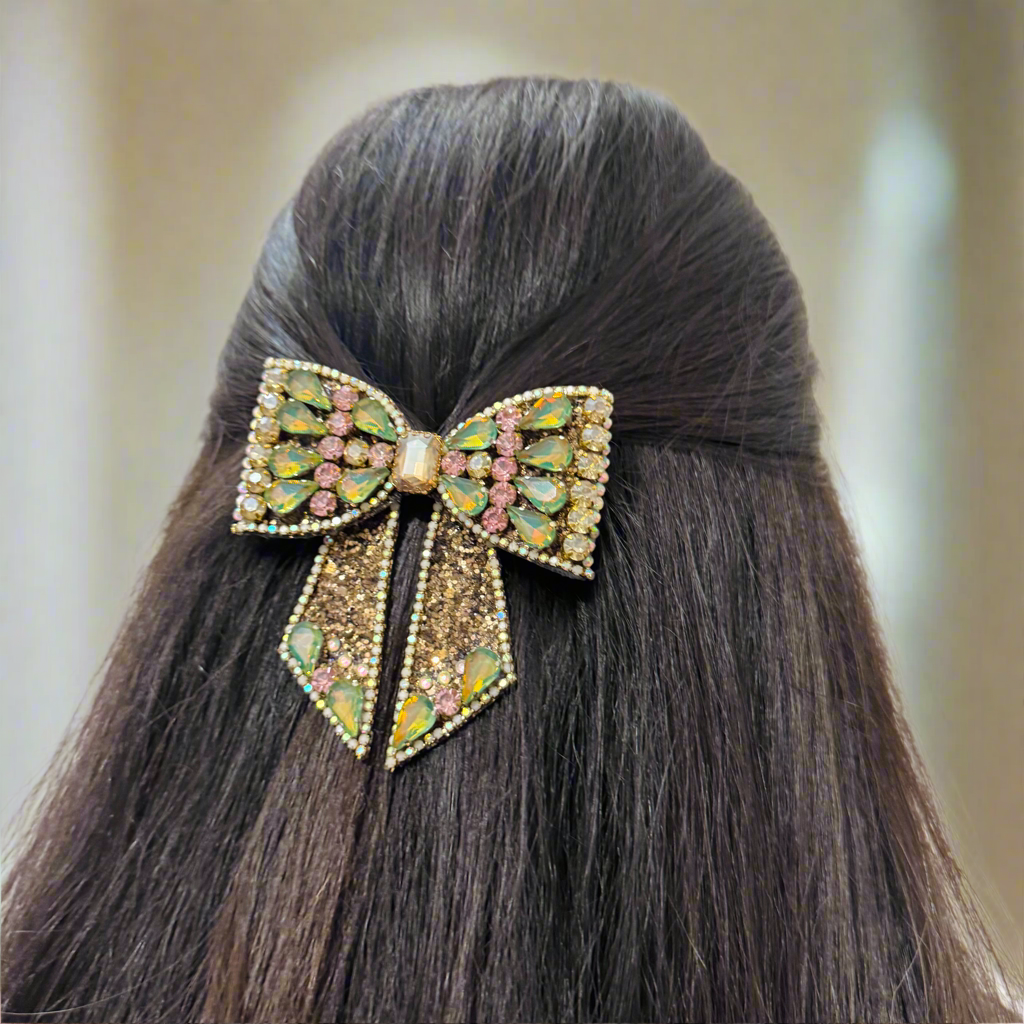 Bejewelled Emerald Gleam Statement Bow Hair Clip