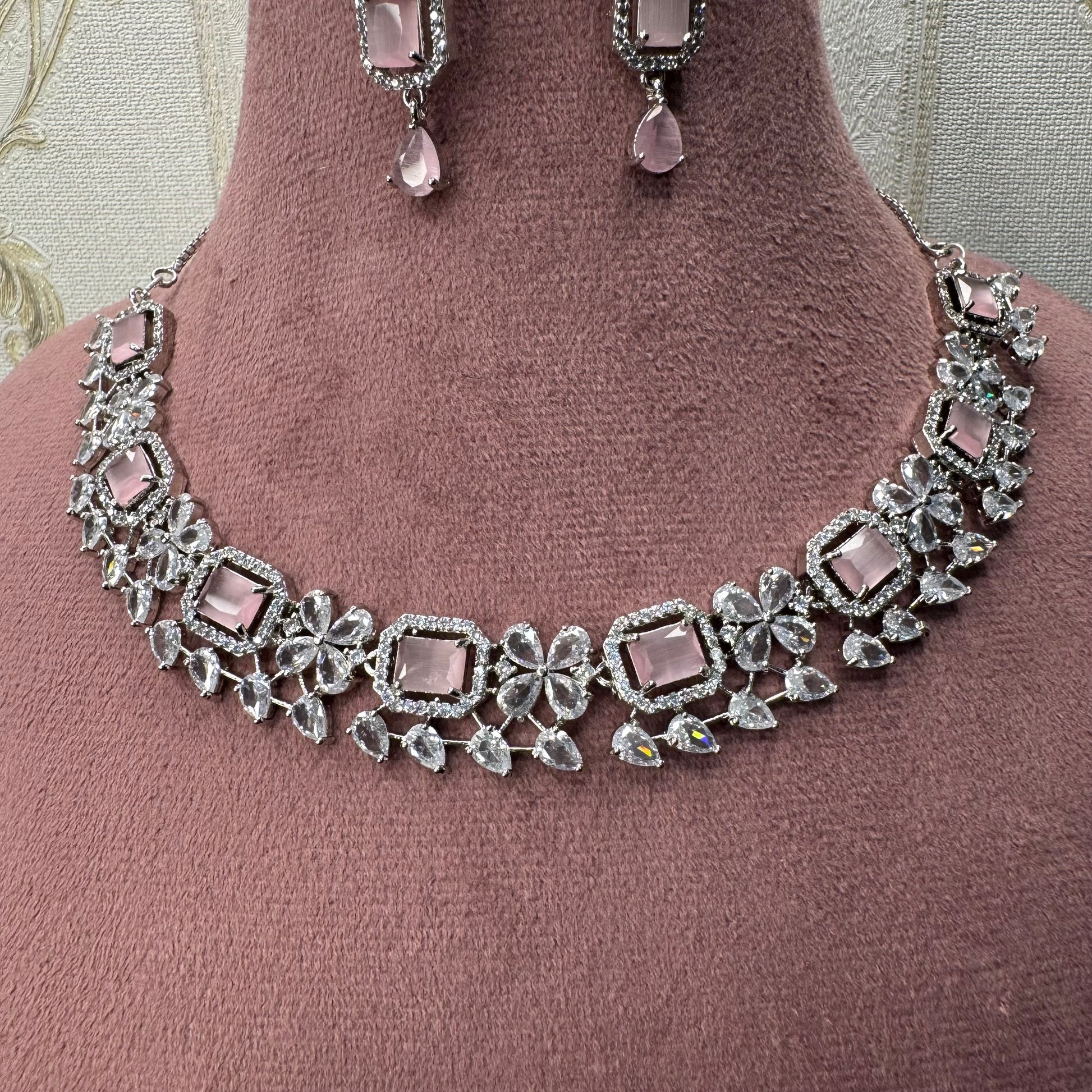 Blush Radiance Rhodium-Plated American Diamond Jewelry Set