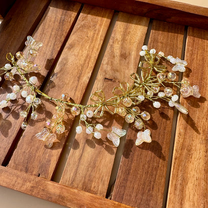 Golden Crystal Butterfly & Pearl Bridal Hair Vine