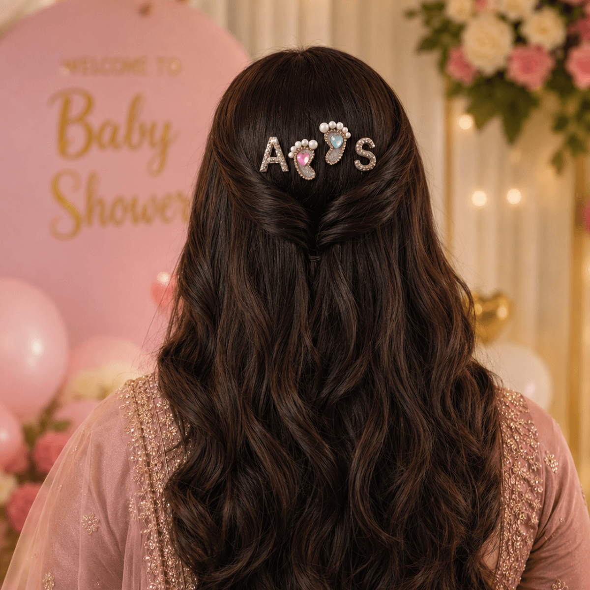 Custom Couple Luxe Initial Hair Pin Set with Baby Feet