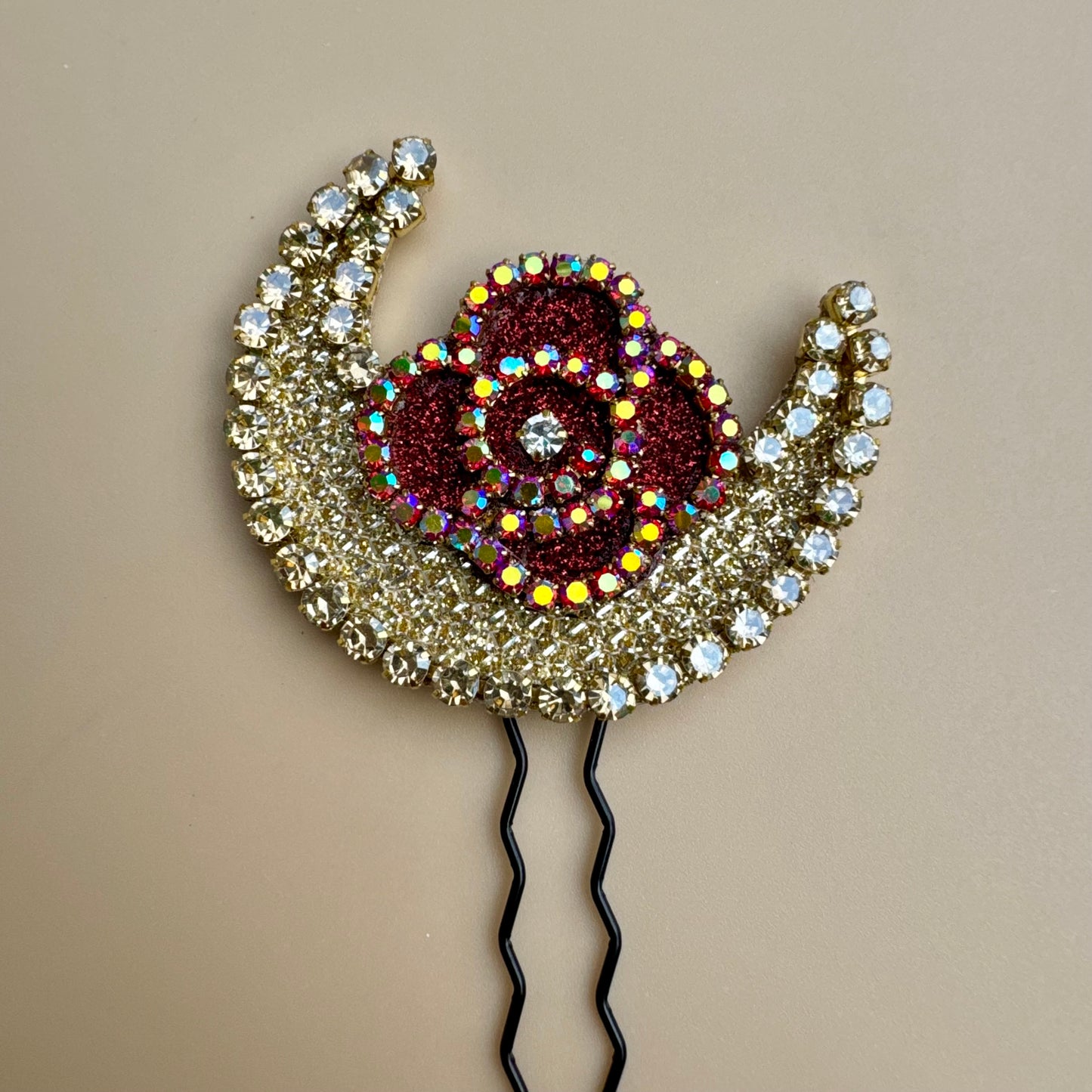 Red Rose Crescent Moon Bun Pin Set with Scattered Stones – Bridal Hair Jewelry