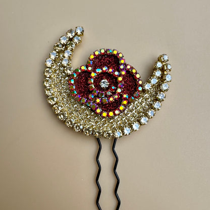Red Rose Crescent Moon Bun Pin Set with Scattered Stones – Bridal Hair Jewelry