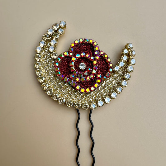 Red Rose Crescent Moon Bun Pin Set with Scattered Stones – Bridal Hair Jewelry