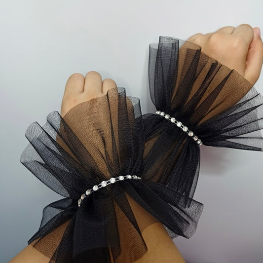 Ruffled Charm Tulle Black Cuff Gloves