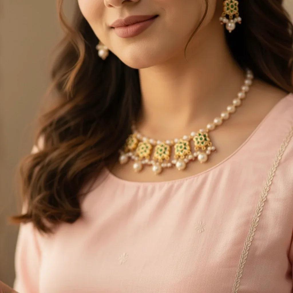 Floral Charm Beaded Kundan Necklace & Earrings Set