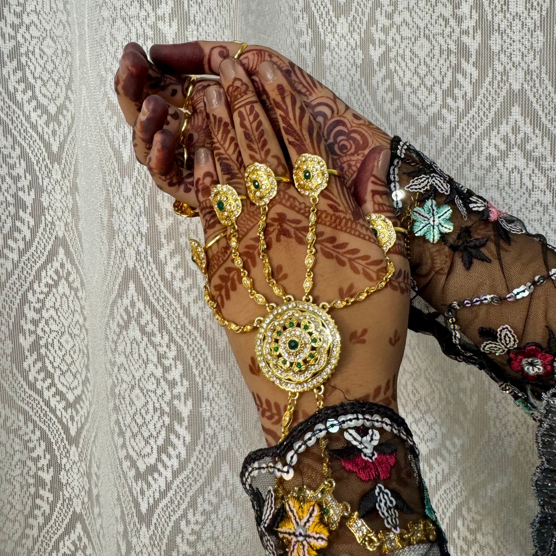 Gulbahar Hathphools – Golden Green Kundan Hand Jewelry for Bridal & Festive Wear