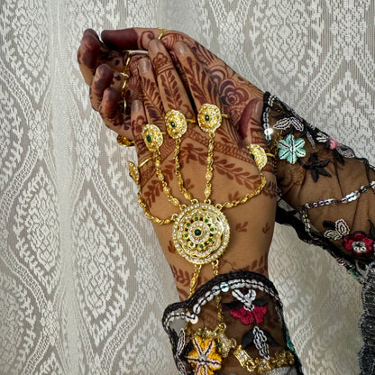 Gulbahar Hathphools – Golden Green Kundan Hand Jewelry for Bridal & Festive Wear