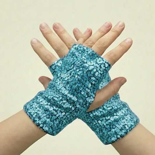 Sky Blue Sequin Fingerless Wrist Gloves