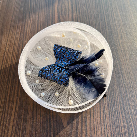 Twisted White Fascinator with Blue sparkle Bow and Feather | baby Headband