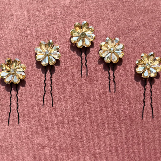 Golden Crystal Flowers Pins - Set of 6