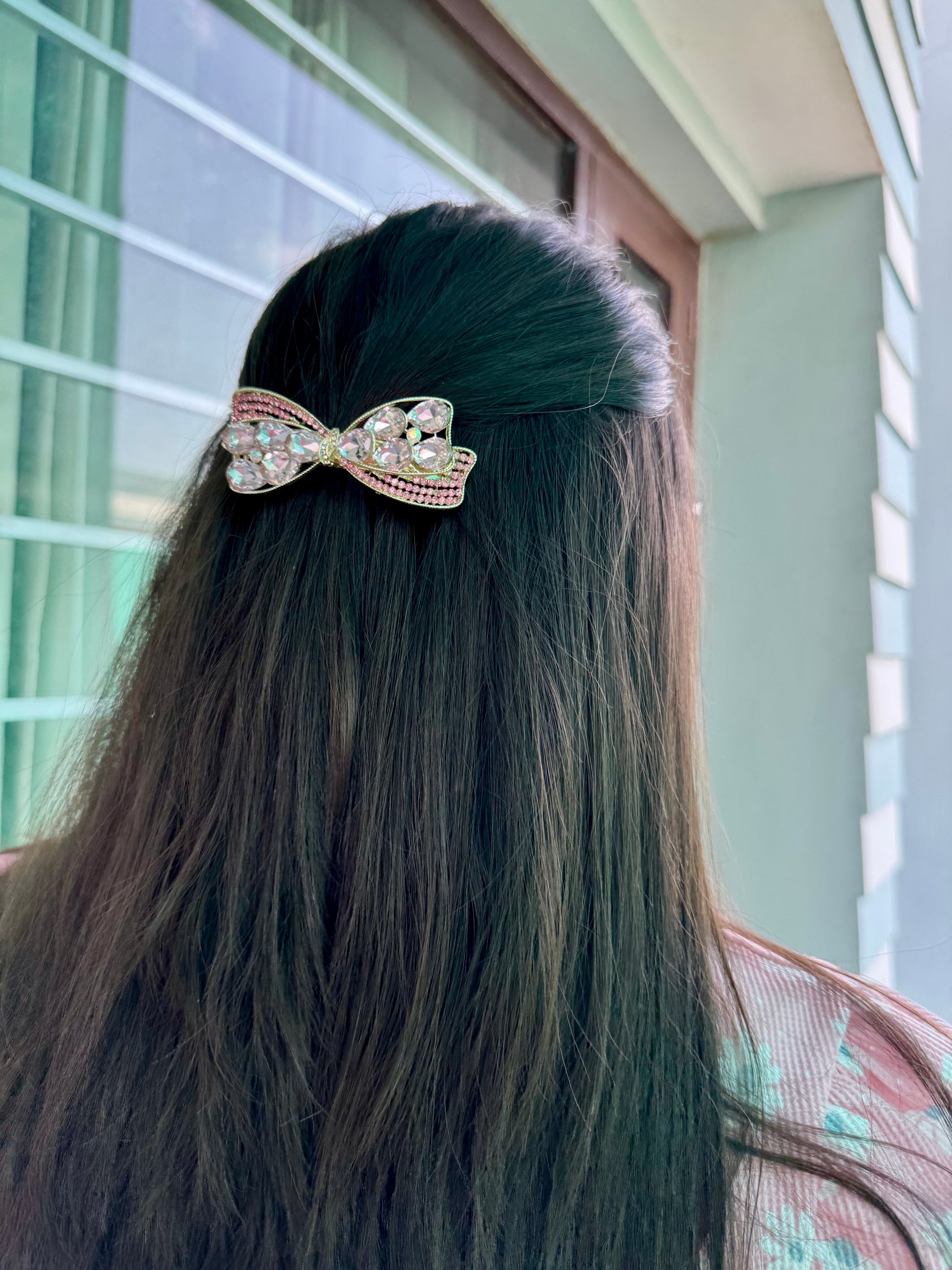 Pink Luxe Crystal Bow Barrette Clip