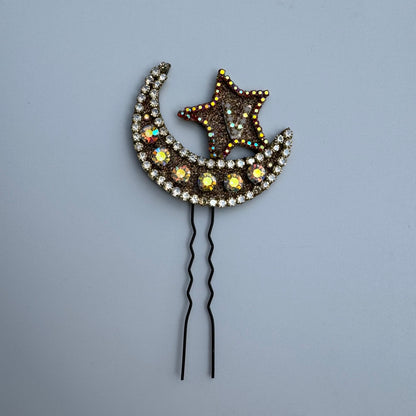 Personalized Crescent Moon & Star Hair Pin with Initial – Sparkling Hair Accessory