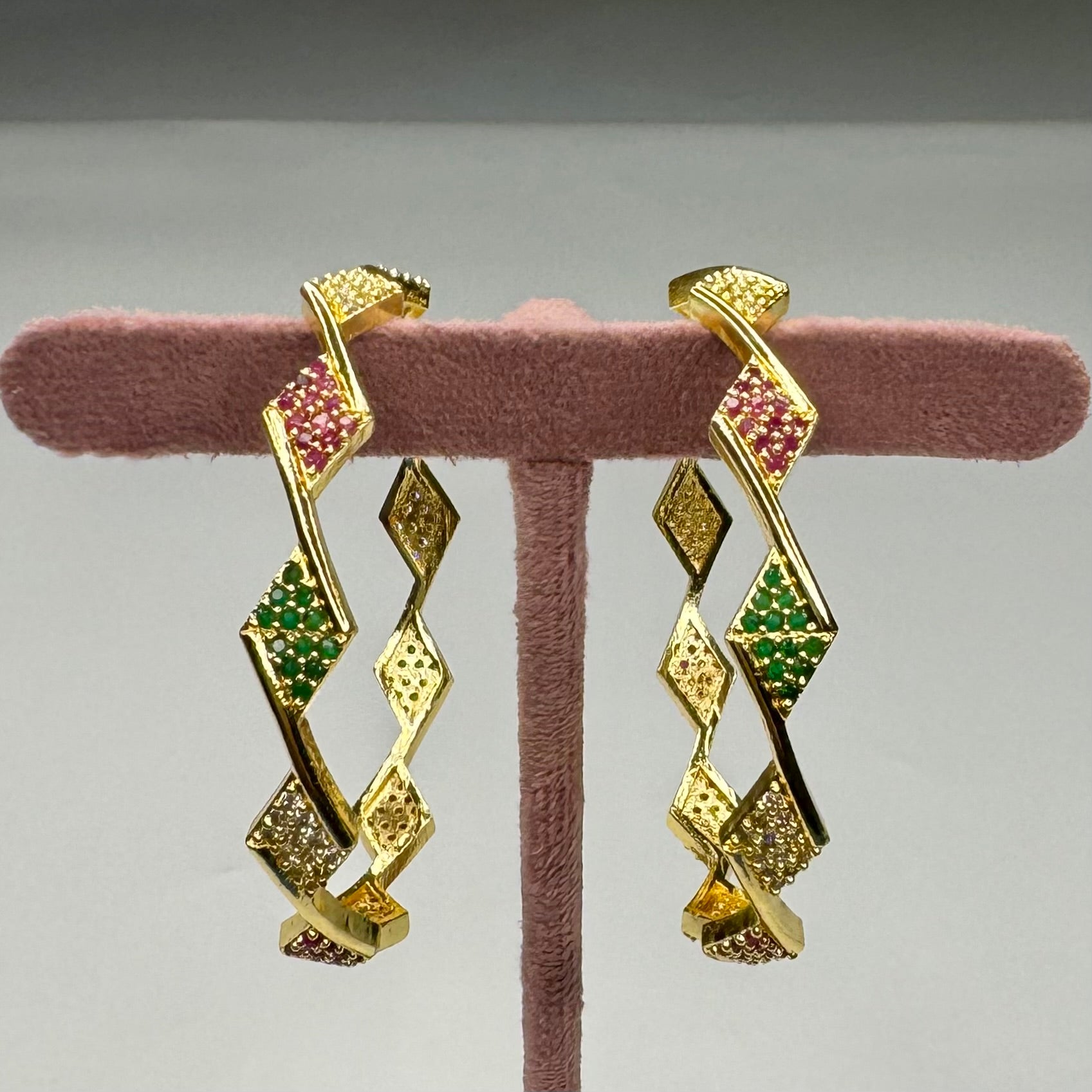 Gold-Plated Geometric Bangle with Red & Green Stones – Festive Jewelry