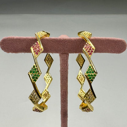 Gold-Plated Geometric Bangle with Red & Green Stones – Festive Jewelry