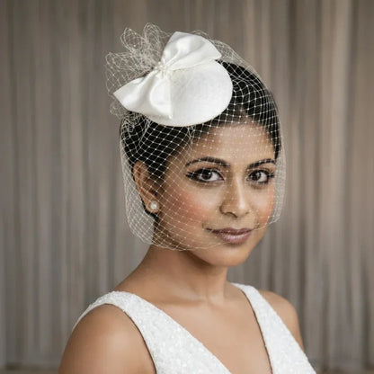 Celeste White Bow Birdcage Veil Disc Fascinator