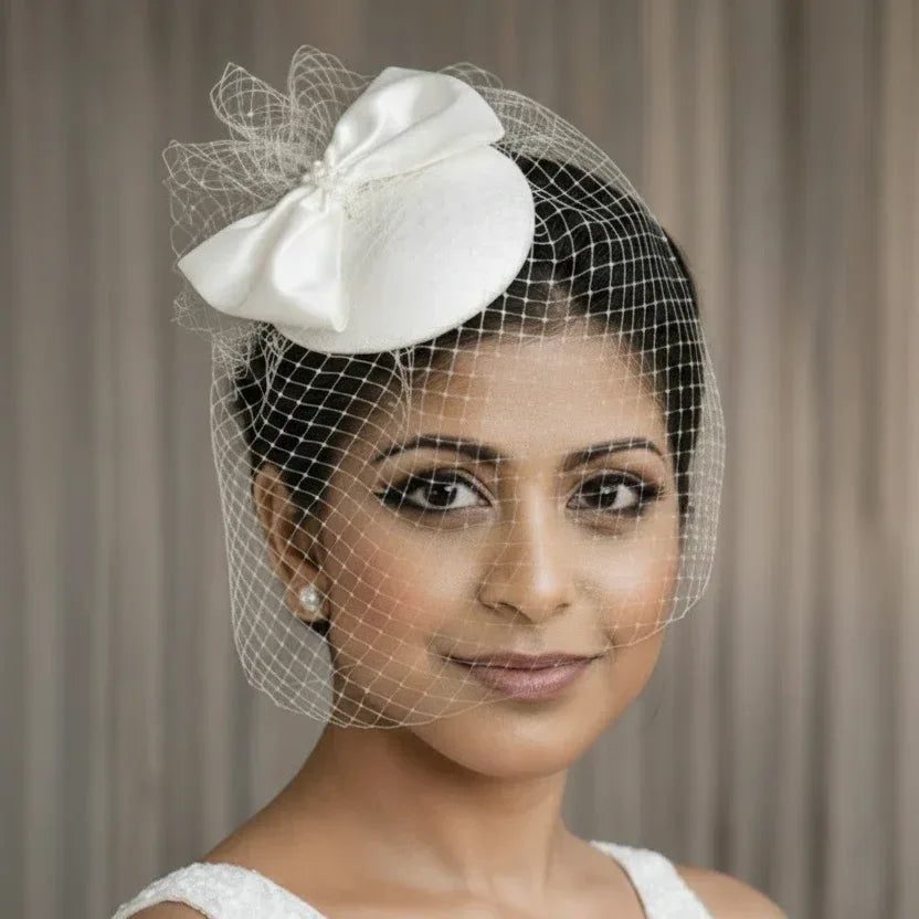 Celeste White Bow Birdcage Veil Disc Fascinator