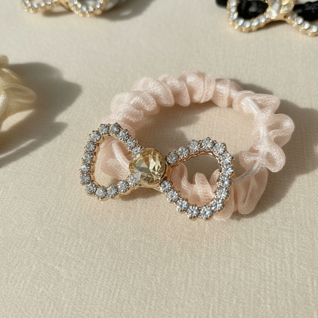 Crystal Bow Scrunchie Set – Pack of 5 Luxe Colors
