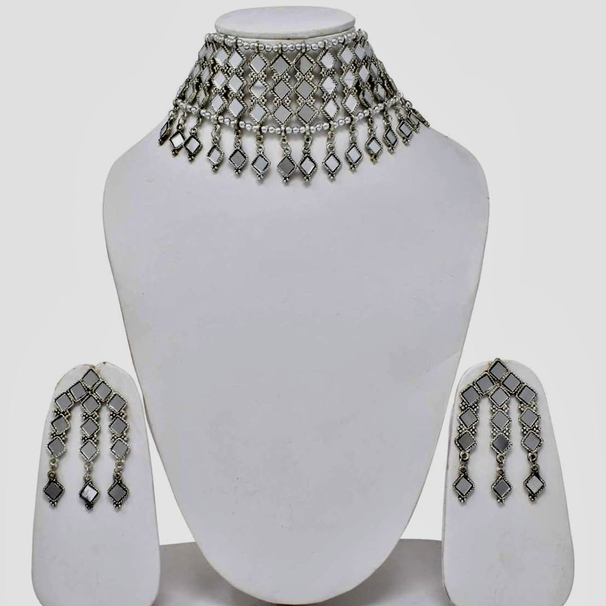 Oxidized Silver-Plated Mirror Studded Choker Jewelry set
