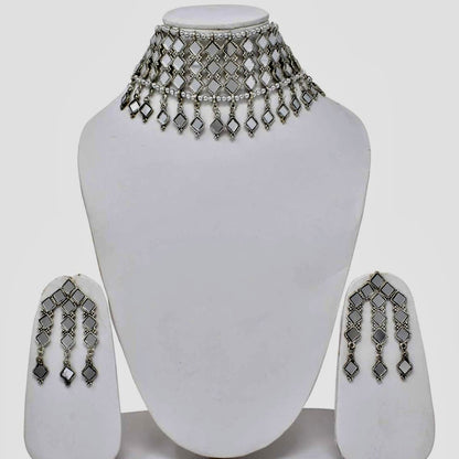 Oxidized Silver-Plated Mirror Studded Choker Jewelry set