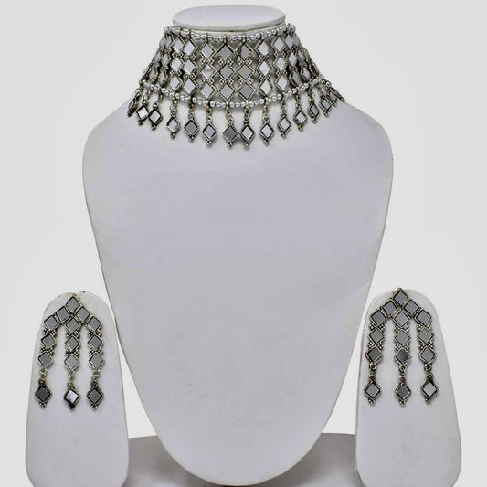 Oxidized Silver-Plated Mirror Studded Choker Jewelry set