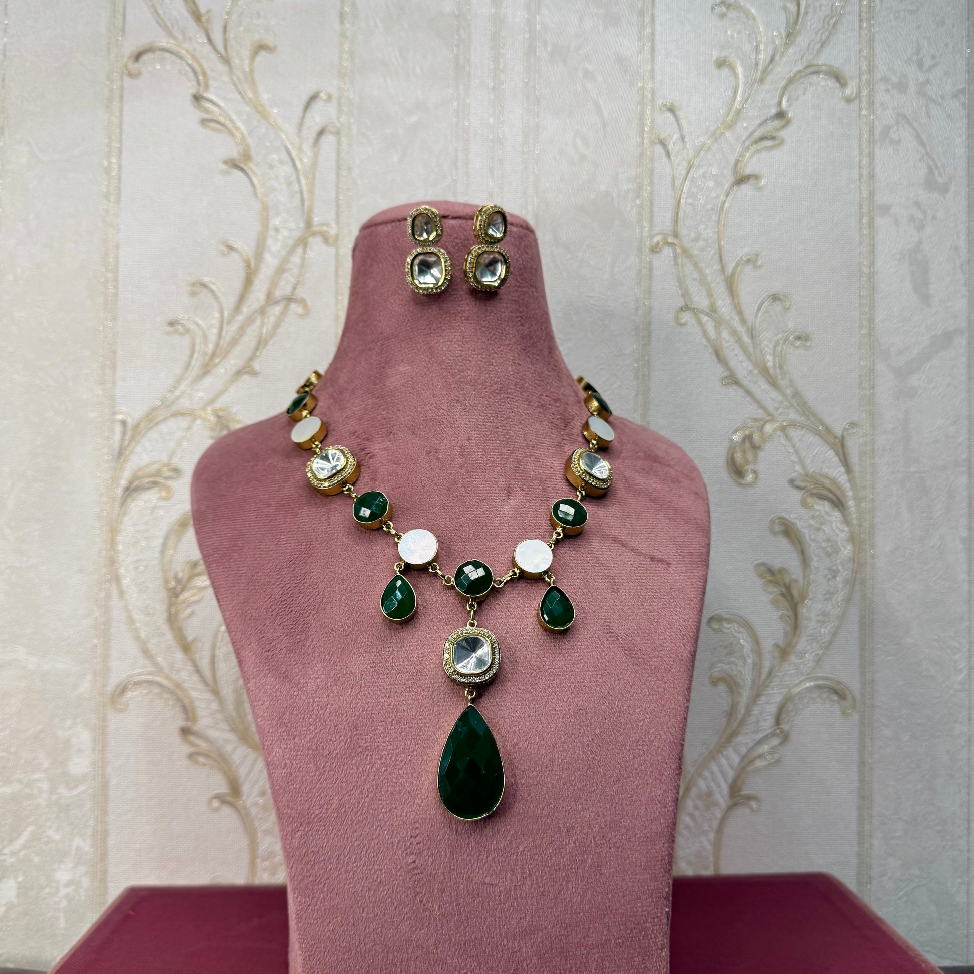 Emerald Green Stone & Kundan Necklace & Earrings Set