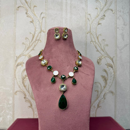 Emerald Green Stone & Kundan Necklace & Earrings Set