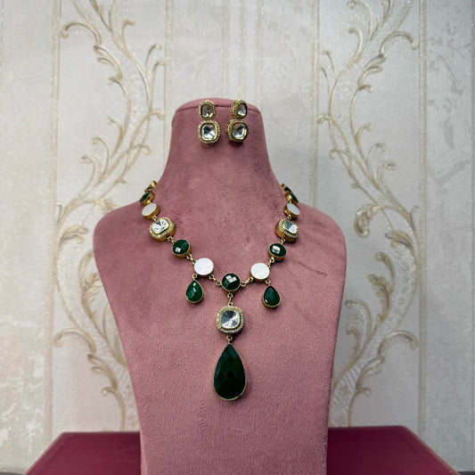 Emerald Green Stone & Kundan Necklace & Earrings Set