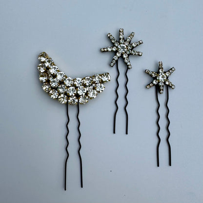  Moon & Star Rhinestone Bun Pin Set – Stardust Dreams Hair Jewelry