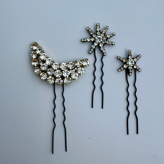  Moon & Star Rhinestone Bun Pin Set – Stardust Dreams Hair Jewelry