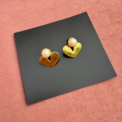 Golden Heart Pearl Stud Earrings