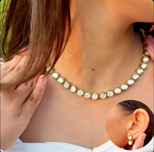 Gold-Plated Kundan Riviera Necklace & Earrings Set- Timeless Elegance