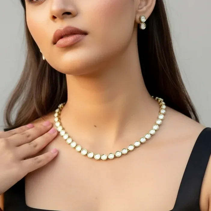 Gold-Plated Kundan Riviera Necklace & Earrings Set- Timeless Elegance