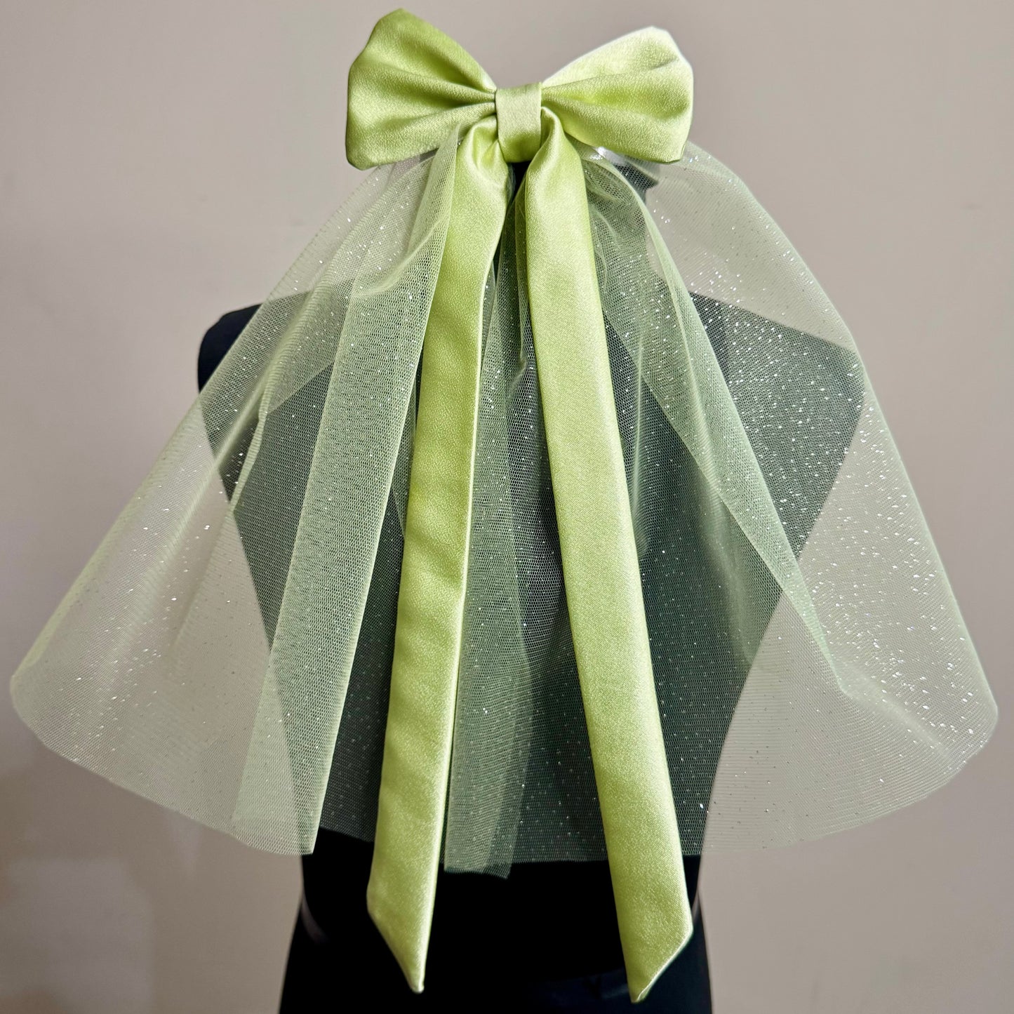 Hazy Morning Pastel Green Satin Bow with Sparkle Veil